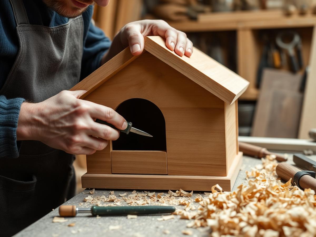 Manos trabajando la madera de una cucha en el taller de Alacucha